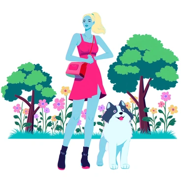 A woman with blonde hair styled in a ponytail is walking in a sunny park. She is wearing a stylish pink dress, accessorized with a matching handbag. Beside her is a small, fluffy puppy with white fur and big, playful eyes. The park is filled with a variety of blooming flowers in vibrant colors, such as pink, yellow, and purple. In the background, there are green trees and a clear blue sky, enhancing the cheerful atmosphere of the scene.