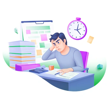 A modern pastel illustration depicts an accountant sitting at a cluttered desk, looking stressed. The accountant has furrowed brows and disheveled hair. Surrounding the desk are tall stacks of tax documents, some scattered, with a calculator and a coffee cup nearby. A wall clock in the background shows time ticking away, emphasizing the urgency of the situation. A few sticky notes with reminders are attached to the desk, adding to the chaotic atmosphere.