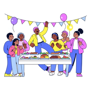 A festive neighborhood block party in a vibrant setting. There is a long table filled with an assortment of colorful dishes, including salads, grilled meats, and desserts. In the center of the party, a stranger with a joyful expression is dancing. The stranger is wearing a bright yellow shirt and blue jeans. Surrounding them are other party-goers of various ages, clapping and enjoying the music. Colorful balloons and streamers are hanging in the background, adding to the celebratory atmosphere.