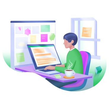 A recruiter typing a job description on a laptop, with colorful sticky notes and a coffee nearby.