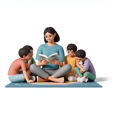 An atsem, wearing a blue shirt and gray pants, is sitting cross-legged on a colorful carpet, which features various shapes and patterns. She is holding an open storybook in her hands, reading aloud with a warm smile. Surrounding her are four children of diverse ethnicities, sitting eagerly on the carpet. One child, wearing a red t-shirt and denim shorts, is leaning forward with wide eyes. Another child, dressed in a green dress, is resting her chin on her hands, captivated by the story. A boy in a yellow shirt is pointing at an illustration in the book, while a girl in a purple top is snuggled close, holding a stuffed animal. The atmosphere is lively and engaging as they enjoy the storytelling moment together.