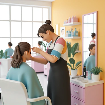 A hairstylist, wearing a black apron over a colorful blouse, is skillfully braiding a client's long, wavy hair. The stylist has shoulder-length brown hair tied back in a bun. The client, seated in a modern salon chair, is wearing a cape and smiling while looking at her reflection in the mirror. The salon is brightly lit with large windows allowing natural light to flood the space. The walls are painted in a vibrant yellow, decorated with plants and stylish hair products on shelves. A few other clients can be seen in the background, enjoying their hair treatments.