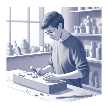 An artist is focused on carving intricate figure shapes from a block of wood. The artist's hands hold a chisel in one hand and a mallet in the other. Their brow is slightly furrowed in concentration as wood shavings scatter around the workspace. Various carving tools are neatly arranged on a wooden bench nearby, while soft light filters in through a window, illuminating the vibrant details of the figures taking shape. The walls of the workshop are lined with shelves filled with completed wood carvings and art supplies, creating an atmosphere of creativity and craftsmanship.