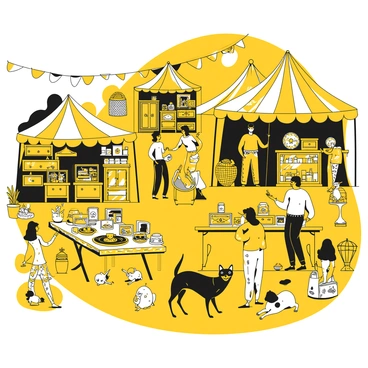 A bustling flea market filled with colorful tents and tables. Various vendors are displaying vintage items, including old cameras, vinyl records, and antique furniture. There are also tables adorned with handmade crafts such as pottery, jewelry, and woven bags. Shoppers are browsing through the items, some engaged in conversations with the vendors. A few children are playing nearby, while a couple of dogs are resting under the tables. The atmosphere is vibrant with a variety of textures and shapes from the diverse items for sale.