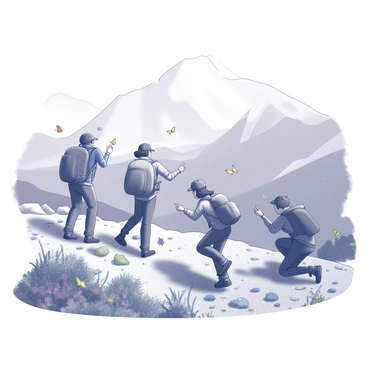 A group of hikers traveling along a rugged mountain path. They are dressed in outdoor gear, with backpacks secured to their backs. Some hikers are kneeling down, observing colorful butterflies fluttering nearby, while others point excitedly at the insects. The mountain path is framed by rocky terrain with patches of grass and wildflowers surrounding it. Towering mountains rise in the background, creating a majestic backdrop. The scene captures a moment of wonder in nature as the hikers engage with the butterflies.