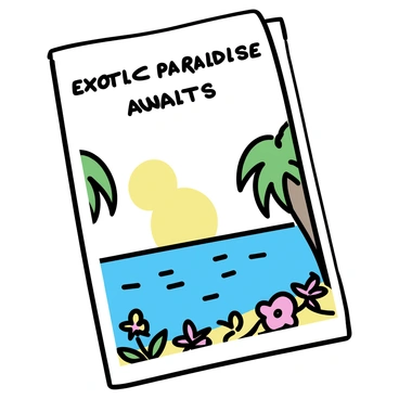 A vintage travel poster featuring a tropical beach scene. The poster displays "Exotic Paradise Awaits" in bold, stylized letters at the top. Below, there is a lush landscape with palm trees swaying in the breeze. The ocean is a vivid blue, dotted with small sailboats. A golden sun is setting on the horizon, casting warm hues across the sky. At the bottom of the poster, there are illustrations of local fruits and flowers, adding a splash of color to the overall design.