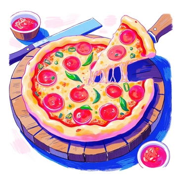 A delicious pepperoni pizza is placed on a rustic wooden board. The pizza has a golden-brown crust and is generously topped with vibrant red pepperoni slices. Melted cheese stretches from the pizza as a slice is being lifted away. Additional toppings include green bell pepper pieces sprinkled across the surface. A pizza cutter rests nearby, and a small bowl of marinara sauce is positioned at the side of the board.
