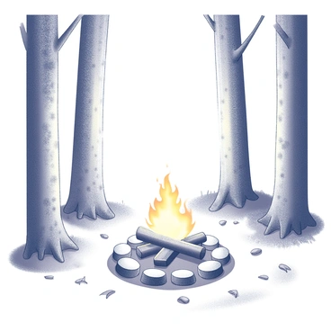 A small fire burns steadily in a woodland clearing. The flames flicker and dance, surrounded by a ring of neatly arranged stones that contain the fire. Surrounding the clearing are tall trees with textured bark, their leaves forming a gentle canopy above. The ground is dotted with patches of grass and scattered fallen leaves. Soft shadows are cast by the light of the fire on the nearby trunks and the forest floor, creating a warm yet tranquil atmosphere.