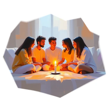 A circle of people is gathered together in a dimly lit room, their faces softly illuminated by the warm glow of a single candle placed in the center. Each person shows a variety of expressions, ranging from contemplation to warmth, as they lean slightly towards the light. The flickering flame casts dancing shadows on the walls, creating a serene atmosphere. The individuals are of diverse backgrounds and ages, wearing simple clothing that reflects a sense of unity. The room's background features soft, indistinct shapes that suggest furniture and decor without distracting from the central gathering.