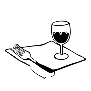 A crystal wine glass filled with liquid sits on a white linen tablecloth. Beside it, a shiny silver fork rests elegantly on the fabric. The textured surface of the tablecloth contrasts with the smoothness of the glass and the metallic sheen of the fork. The arrangement suggests an intimate dining setting.