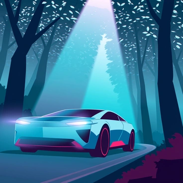 A sleek, modern car with shiny metallic paint and streamlined design is driving along a narrow forest road. Its bright headlights cut through the dense fog, casting a vivid beam of light that reveals the silhouettes of towering trees flanking the road. The mist hovers low to the ground, creating an ethereal atmosphere as it swirls and partially obscures the path ahead. The car's headlights reflect off dew-covered leaves, adding a touch of shimmer to the damp surroundings. The scene conveys a sense of adventure and mystery in the depths of a dark, misty forest.