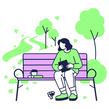 A person is sitting on a park bench, focused on a tablet in their hands. They have medium-length hair and are wearing a casual sweater and jeans. Beside them on the bench, there is a coffee cup with a lid, placed on a small napkin. In the background, there are trees with green leaves and a path winding through the park. The sunlight creates a soft glow, illuminating the scene. A few scattered leaves are visible on the ground, suggesting it may be early autumn.