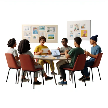 A group of five artists gathered in a bright, well-lit studio filled with various art supplies and canvases. Each artist has a unique appearance, with diverse hairstyles and clothing styles reflecting their individuality. They sit in a semi-circle, engaging in conversation lively. One artist, a woman with curly hair and glasses, holds a sketchbook and shares her experiences with passion. Another artist, a man wearing a beanie, nods attentively while taking notes on his laptop. The atmosphere is filled with creativity and inspiration as each artist takes turns speaking about the positive impact of illustration grants on their careers. On a nearby wall, colorful illustrations and sketches are displayed, showcasing the artists' work and achievements.