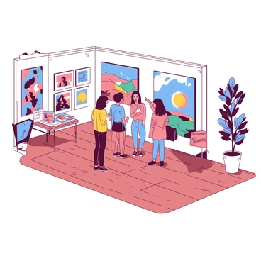 A small art gallery is situated on a university campus, with walls adorned by various vibrant student artworks. Each artwork features a different style, showcasing a range of colors and themes. In the center of the room, there are several students engaged in discussions, pointing at a large canvas with bold brush strokes. The floor is wooden and polished, reflecting the colorful pieces hanging on the walls. Near the entrance, a small table holds flyers about upcoming art events, while a tall plant in a white pot adds a touch of greenery to the space.