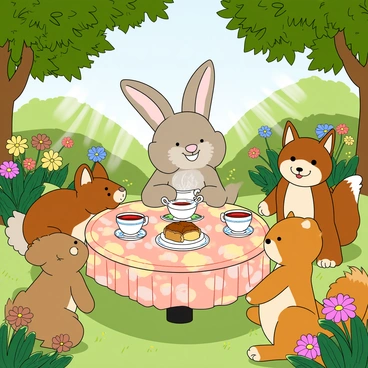 A happy hare with soft, fluffy fur is sitting at a small, round table covered with a colorful tablecloth in a lush garden. The hare has big, round ears and bright, cheerful eyes. Around the table, there are several animal friends, including a friendly squirrel and a charming fox, all smiling and having fun. Each animal has a tiny teacup in front of them, and the table is adorned with a delightful tea set featuring a steaming teapot and an assortment of pastries. The garden is filled with vibrant flowers in various colors, and green leaves provide a shady backdrop. Sunlight filters through the trees, creating a warm and inviting atmosphere.