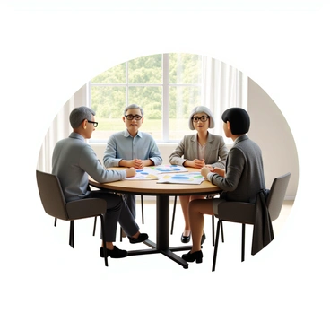 An older couple, both with gray hair, sits side by side at a round wooden table. The man is wearing a light blue dress shirt, while the woman is dressed in a pastel blouse. They have attentive expressions as they engage with a financial advisor, a middle-aged woman with short black hair, wearing a smart blazer and glasses. The table is covered with several colorful charts and graphs that are oriented towards the couple, illustrating various aspects of retirement planning. The background features a large window showing a bright, sunny day outside.