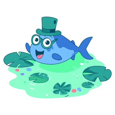 A blue playful fish with large expressive eyes is swimming happily in a green pond. The fish is wearing a small teal top hat tilted slightly to one side and a tiny teal monocle over one eye. Around the fish, there are ripples in the water, and the surface reflects the light in a shimmering effect. Various lily pads are floating on the pond's surface, and colorful pebbles are visible on the bottom.