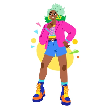 A young woman resembling "Billie Eilish" is wearing a bright pink oversized jacket with a geometric pattern reminiscent of the 1980s. Her hair is voluminous and styled in an exaggerated, curly manner, blending light green and dark green shades. She has large hoop earrings and several layered neon bracelets on her wrists. The outfit is complemented by high-waisted denim shorts and colorful, patterned tights. She is standing confidently with one hand on her hip, set against a background filled with abstract shapes and vibrant colors reflecting the bold fashion of the era.