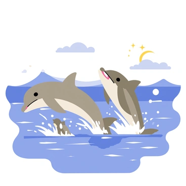 A family of dolphins is leaping gracefully through the sparkling blue waters of the ocean. The dolphins are a mix of light and dark shades of gray, with playful smiles on their faces. Sunlight glimmers on the surface of the water, creating bright reflections all around. In the background, gentle waves roll softly, and a few fluffy white clouds are scattered across the bright blue sky. The scene captures the joy and energy of the dolphins as they play together, splashing water droplets that catch the light.