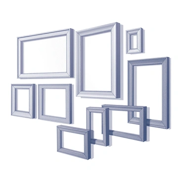 A wall featuring a collection of empty picture frames arranged in a puzzle-piece layout. The frames vary in size and shape, creating an interesting visual pattern. Each frame is outlined sharply, with detailed embellishments around the edges. The arrangement of the frames creates an illusion of interconnectedness, as if they are fitting seamlessly together. The wall surface is smooth, providing a clean backdrop for the frames to stand out prominently.