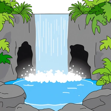 A tall, cascading waterfall tumbles down a rocky cliff, sending sprays of water into the air. The water glistens under sunlight, creating a rainbow effect in the mist. Behind the waterfall, there are several hidden caves with dark entrances, partially obscured by the flowing water. The surrounding area is filled with lush green vegetation, including ferns and tropical plants, adding vibrant colors to the scene. Large rocks are scattered along the base of the waterfall, some partially submerged in a clear pool of water that reflects the cascading falls.