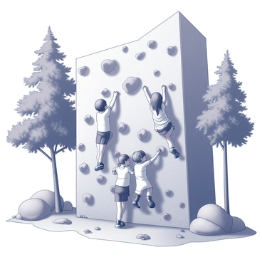A group of children is engaged in climbing on an outdoor climbing wall. The wall features various shapes and holds for climbing, with some children reaching for the higher sections while others are preparing to ascend. Surrounding the climbing wall, there are tall trees with dense foliage, providing a natural backdrop. The ground is uneven and scattered with small rocks and patches of grass, creating a rugged outdoor environment. The expressions on the children's faces show determination and excitement as they navigate the climbing wall.