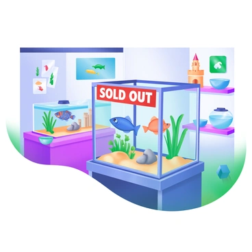 A pet store interior featuring an empty display case for a popular type of fish. The display case is labeled with the words "Sold Out" in bold red letters. Surrounding the case are colorful tropical fish swimming in tanks, along with aquatic plants and decorative elements like pebbles and a small castle. A few empty fish bowls are scattered on a nearby shelf, and the store's walls are adorned with posters of various fish species. The lighting is bright and inviting, creating a welcoming atmosphere.