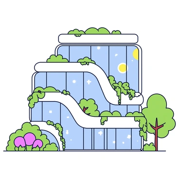 A futuristic building with smooth, curved lines and transparent glass walls. The structure features green rooftop gardens that seamlessly connect with the surrounding trees and plants. Sunlight reflects off the glass, creating a shimmering effect. The building appears to be integrated with nature, with vines climbing up its sides and flowers blooming nearby.