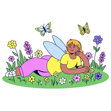 A fairy with delicate wings is reclining among a variety of wildflowers in a meadow. The fairy has long, flowing hair and a serene expression. Surrounding her are colorful wildflowers in shades of yellow, pink, and purple. Several butterflies with intricate patterns are fluttering around her, adding movement to the scene. The meadow is lush and green, providing a vibrant backdrop for the fairy and flowers.