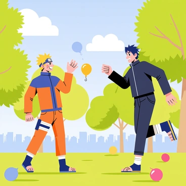Naruto and Sasuke are engaged in a lively water balloon fight in a vibrant park. Naruto, with his spiky blonde hair and wearing an orange and blue outfit, is laughing as he throws a water balloon at Sasuke. Sasuke, with his dark hair and dressed in a dark blue shirt and pants, is dodging the balloon with a smirk on his face. Colorful trees with green leaves surround them, and a blue sky overhead is dotted with fluffy white clouds. Water balloons of various colors are scattered on the grass, adding to the playful atmosphere.