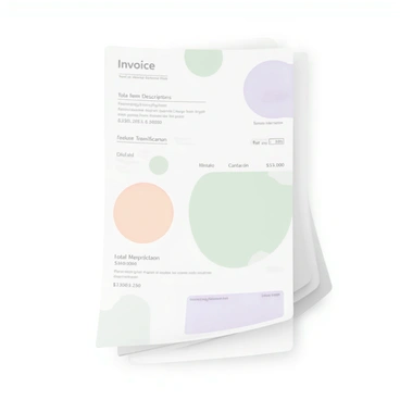 An invoice design featuring a clean layout with a predominantly white background. The design incorporates geometric shapes, including circles, triangles, and rectangles, arranged harmoniously throughout the page. The color palette consists of soft pastel shades such as mint green, blush pink, and light lavender, used subtly to highlight sections of the invoice. The text is formatted in a clear, modern font, ensuring readability, while designated areas for totals, item descriptions, and contact information are distinctly outlined within the geometric shapes.