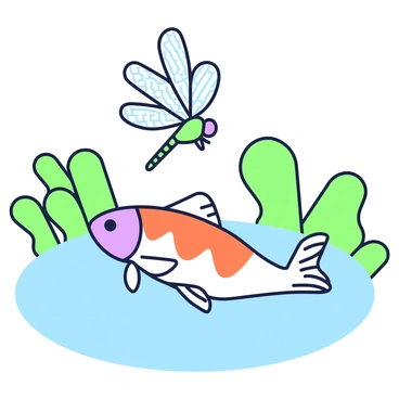 A dragonfly is hovering just above a koi fish swimming gracefully in a pond. The dragonfly has delicate, transparent wings that reflect light, creating an intricate pattern. Below it, the koi fish features vibrant orange and white patterns on its smooth scales. The pond water is clear, allowing the dragonfly to be seen in sharp focus while the koi fish glides effortlessly beneath the surface. Surrounding the scene are lush green water plants, adding to the natural environment.