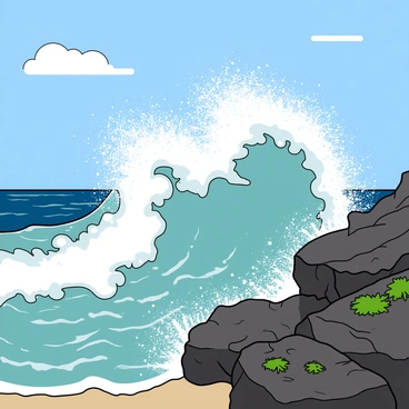 Surging waves crashing dramatically against rugged, dark rocks along the shoreline. The water splashes high into the air, creating a sparkling spray of ocean mist that glistens in the sunlight. Each wave curls and tumbles, showing frothy white caps, while the rocks are textured with patches of green seaweed and barnacles. The background features a bright blue sky with a few fluffy white clouds scattered above. The scene captures the dynamic movement and energy of the ocean.