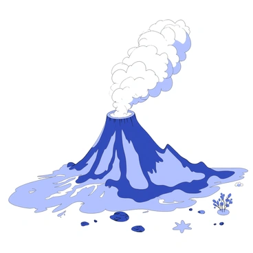 A volcano is erupting with a large plume of smoke billowing into the air. The cone of the volcano is jagged and irregular, with lava spilling down its sides. Nearby, there are scattered rocks and small shrubs on the ground. In the foreground, there are splashes of molten lava flowing outward, illuminating the surrounding area. The sky above is filled with clouds, creating a dramatic atmosphere around the eruption.