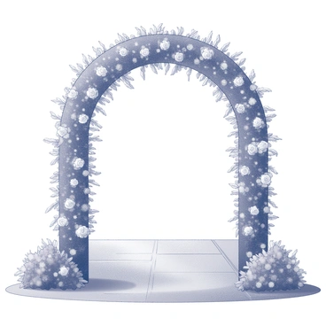 A decorative arch at the entrance of a wedding venue made of varying types of flowers. The arch is adorned with an abundance of greenery, creating a lush and inviting frame. The flowers are arranged symmetrically across the top and sides, showcasing a variety of shapes and sizes. The arch stands prominently on a paved pathway leading into the venue, with soft natural lighting illuminating the scene.