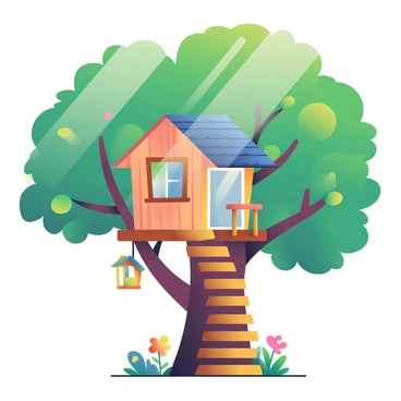 A cozy treehouse is nestled among the thick branches of a large leafy tree in May. The treehouse has wooden walls with a small balcony and a slanted roof covered in shingles. Green leaves surround the structure, creating a natural, sheltered environment. Sunlight filters through the foliage, casting dappled shadows on the wooden steps leading up to the entrance. Colorful flowers bloom nearby at the base of the tree, adding splashes of color to the scene. A gentle breeze rustles the leaves, and a small birdhouse hangs from one of the branches.
