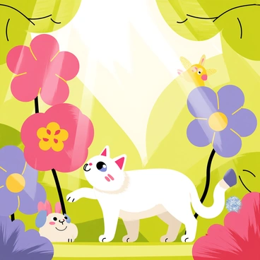 A fluffy ragdoll cat with striking blue eyes is exploring a vibrant magical forest. The forest is filled with oversized flowers in bright colors, such as red, purple, and yellow, towering over the cat. Friendly creatures, like small, cartoonish fairies with glittering wings and chubby rabbits with big eyes, are playfully interacting with the cat. Sunlight filters through the leaves, creating a warm glow in the scene, highlighting the whimsical atmosphere of the forest. The ragdoll cat is curiously sniffing a giant flower, showcasing its playful nature.