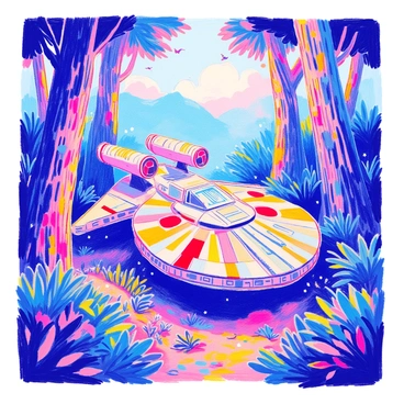The "Millennium Falcon" is nestled among towering trees with thick trunks and vibrant green foliage on a lush forest planet. Sunlight filters through the leaves, creating dappled patterns on the ground. The spaceship's metallic surface reflects the surrounding colors, showcasing a mix of silver and gray. Various plants and small ferns grow around the base of the ship, and a few birds can be seen flitting between the branches above. The atmosphere is alive with the sounds of rustling leaves and distant animal calls.