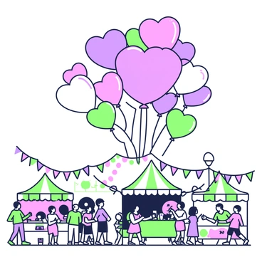 A cluster of heart-shaped balloons is floating in the air above a lively festival scene. The balloons are varying in size, some larger and others smaller, creating a dynamic composition. Below the balloons, people are gathered, many of them wearing bright clothing, enjoying various activities. There are colorful tents set up with decorations, and food stalls are visible, with vendors serving snacks to the festival-goers. In the background, there are string lights and banners adorning the area, contributing to the festive atmosphere.