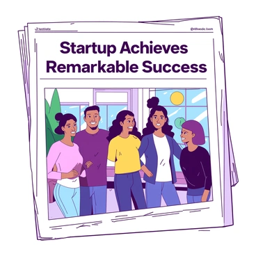 A white newspaper with the headline “Startup Achieves Remarkable Success” displayed prominently at the top. Below the headline, there is a vibrant photo of a smiling team of five diverse individuals, all standing together. They are dressed in smart casual attire, showcasing a mix of styles and colors. The background features a bright office space with modern furniture and greenery, adding a touch of life to the scene. Each team member is exuding positivity and pride, reflecting their accomplishment.