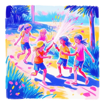A group of children is outdoors, playing joyfully. They are holding water guns filled with bright colored water, spraying each other. The children have a mix of clothing styles, including t-shirts and shorts, and some are wearing hats. The scene shows smiles and laughter on their faces as they chase each other around. In the background, there is green grass and a few trees, with splashes of colored water visible in the air. The sunlight creates a vibrant atmosphere, highlighting the colors of the water.