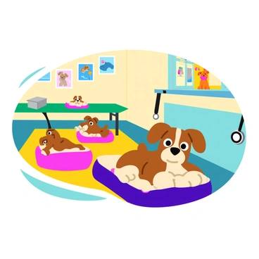 A small, nervous dog with fluffy fur shaking slightly sits on a colorful dog bed in a veterinarian's waiting room. Its wide eyes look around anxiously. Nearby, a stethoscope hangs on the edge of a green examination table, ready for use. The walls are adorned with cheerful pet-themed posters. A few other pets sit calmly in their own spaces, adding contrast to the dog's evident discomfort. The floor is tiled in light colors, enhancing the bright atmosphere of the room.