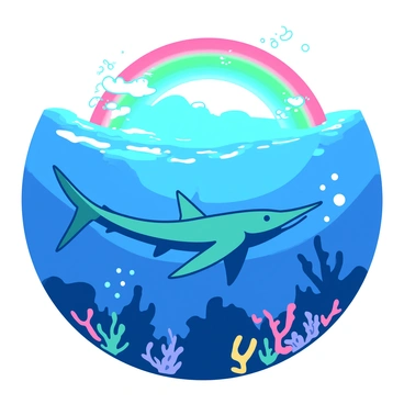 A teal swordfish is gracefully swimming beneath a vibrant arch of "rainbow" reflecting in the deep blue ocean. The ocean surface is shimmering with light, creating a mesmerizing dance of colors beneath the water. Bubbles are rising around the swordfish as it glides through the water, showcasing its long bill and streamlined body. The "rainbow" creates a colorful play of light on the ocean floor, illuminating various coral formations below.