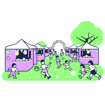 A vibrant outdoor festival scene is depicted with multiple stalls set up along a grassy area. Each stall is uniquely decorated and features colorful banners and signs inviting attendees to explore. There are children running about, some holding baskets and searching for hidden Easter eggs among the grass. Nearby, groups of families are engaged in various games, such as a ring toss and a sack race, showcasing their excitement and enjoyment. In the background, a large tree provides shade, and a colorful balloon arch marks the entrance to the event. The atmosphere is filled with joy as attendees share laughter and create memories together.