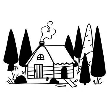 A small cabin with wooden walls and a thatched roof is nestled among tall trees in a dense forest. Smoke curls gently from the chimney, rising and dispersing into the air above. Surrounding the cabin are various types of trees, including pines and oaks, their trunks and branches creating a natural frame. A small path leads to the front door, with scattered leaves and twigs on the ground. Soft shadows stretch across the forest floor, enhancing the rustic charm of the scene.