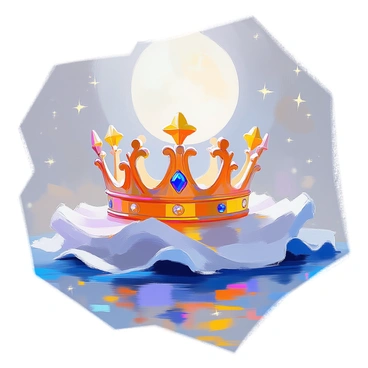 A crown designed in the shape of ocean waves, with intricate details resembling curling and crashing waves. The crown is adorned with shimmering gems that reflect light, creating a sparkling effect. The setting is illuminated by soft moonlight, casting a gentle glow on the crown and highlighting its beautiful contours. The background features a serene night sky filled with twinkling stars, enhancing the ethereal quality of the scene.