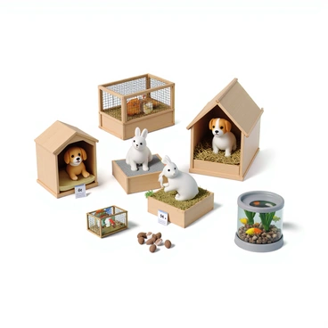 A pet shop display featuring various adorable animals within individual habitats. There are two playful puppies, one golden retriever and one beagle, in a cozy area with soft bedding and toys. A fluffy white rabbit sits in a wooden hutch adorned with hay, next to a colorful cage containing a pair of chirping parakeets. A small aquarium showcases colorful fish swimming among pebbles and plants. Each habitat has a clear price tag attached, detailing the cost of the animals. The display is arranged neatly, creating an inviting atmosphere for prospective pet owners.