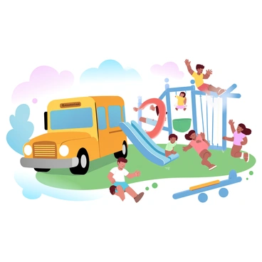 A mini school bus is parked beside a vibrant playground filled with children engaged in various activities. The bus has bright yellow paint and is positioned on a grassy area. The playground features a slide, swings, and climbing structures in multiple colors, including red, blue, and green. Children of different ages are seen playing; some are sliding down the slide, while others are swinging back and forth. A few children are climbing on the jungle gym, and others are running around in joyful play. A set of colorful seesaws is also in the scene, reflecting a lively atmosphere.
