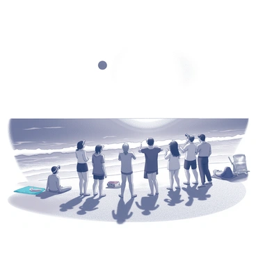 A group of several people standing on a sandy beach, all gazing up towards the sky. Each person is wearing special eclipse glasses to safely observe the solar eclipse. The beach is dotted with colorful beach towels and umbrellas, with some individuals sitting or lying down nearby. The ocean waves are gently lapping at the shore, creating a sense of tranquility. The sun is bright, casting distinct shadows on the sand, while the eclipse is partially obscuring the sun. The expressions on the faces of the people reflect a mix of awe and excitement as they watch the celestial event.