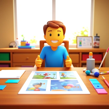 A client with short brown hair, wearing a casual blue shirt, is sitting at a wooden table in an artist's studio. The client is giving a thumbs-up with a smile on their face, showing approval of the storyboard laid out in front of them. The storyboard features colorful illustrations and sketches divided into panels, depicting various scenes. Various art supplies like brushes, paints, and sketchbooks are scattered around the table. The studio has bright natural light streaming in through a large window, illuminating the creative space filled with inspiration.